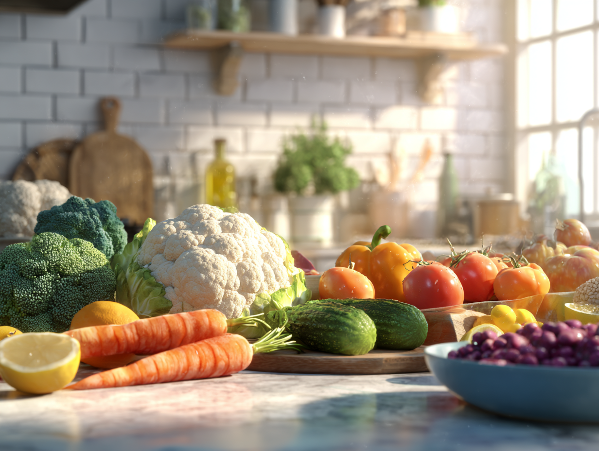 Різноманітні свіжі продукти для збалансованого харчування